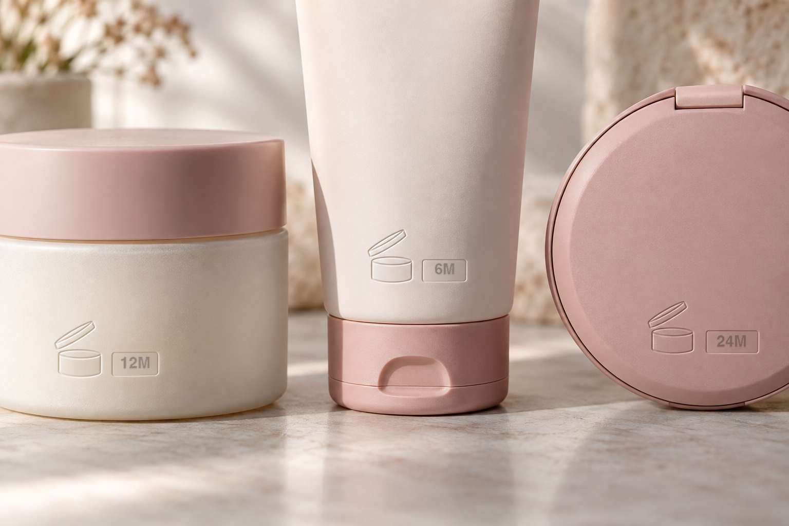 A cream jar, a tube and a compact, each embossed with the open-jar PAO symbol: 12M, 6M and 24M.
