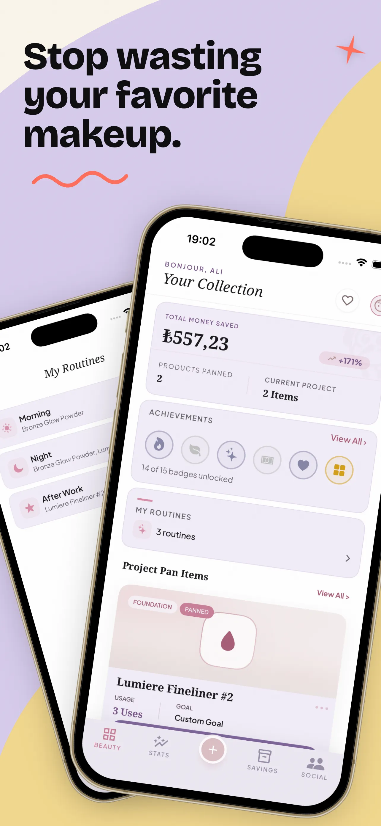 Makeup Shelf app showing a collection with money saved, achievements and routines