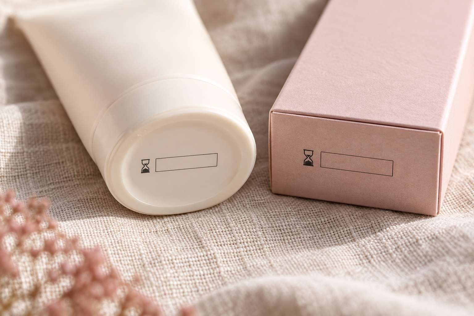 The bottom of a cream tube and the end of a pink box, each printed with a small hourglass symbol next to a date box.