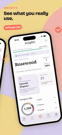 Makeup Shelf screenshot: insights with most-used brand and category mix