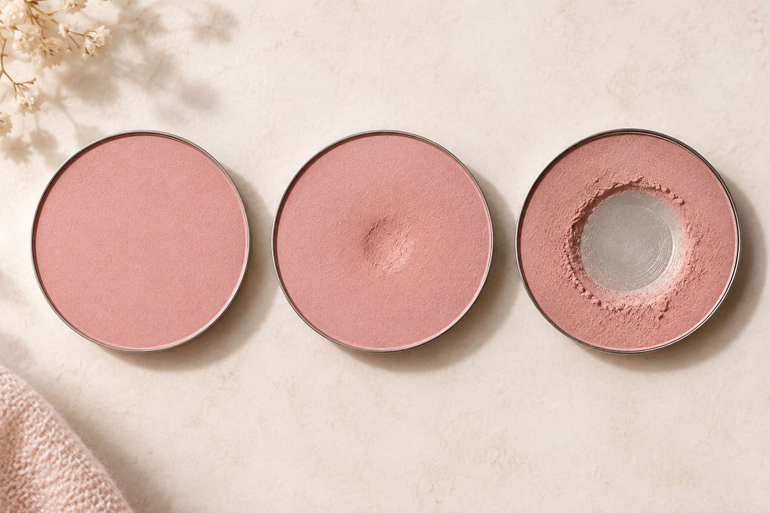 Three identical pink blush pans in a row: new, with a small dip in the middle, and worn down until the metal pan shows.