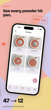 Makeup Shelf screenshot: Pan Diary with a powder hitting pan week by week