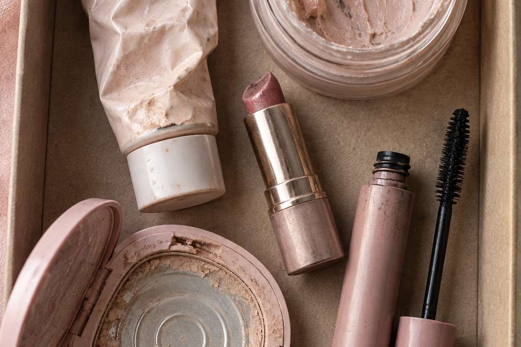 Finished makeup in a cardboard box: a squeezed-out tube, a lipstick worn down, an empty mascara and a powder compact showing the metal pan.