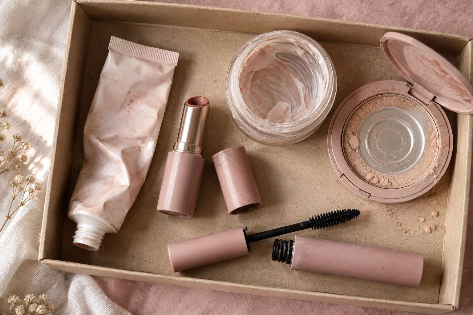 A cardboard box of used-up makeup: a flattened tube, a scraped-out jar, a lipstick worn down, a finished mascara and a compact worn to the metal.