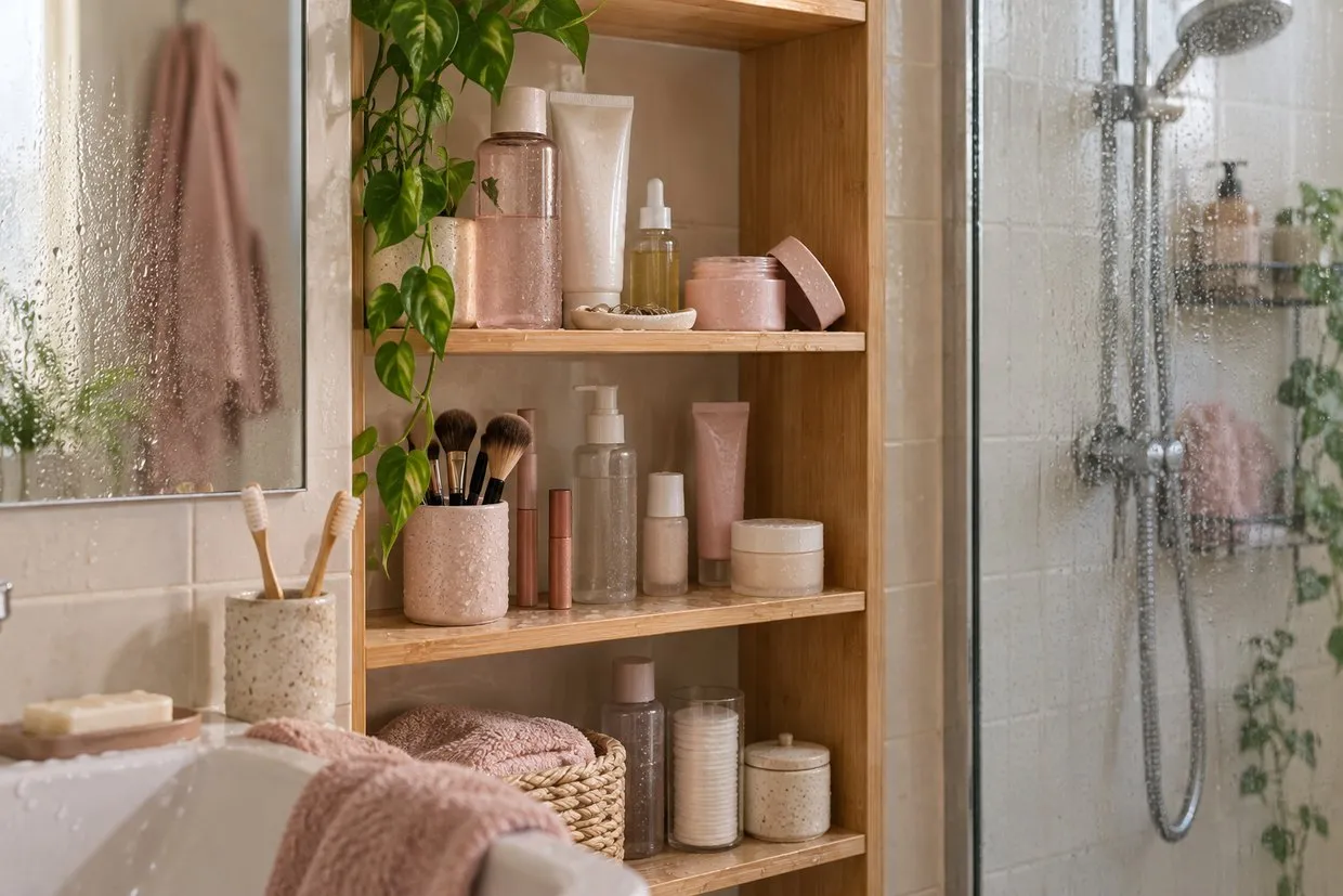 An open bathroom shelf beside a shower, with water droplets on the makeup and skincare and one jar left open.