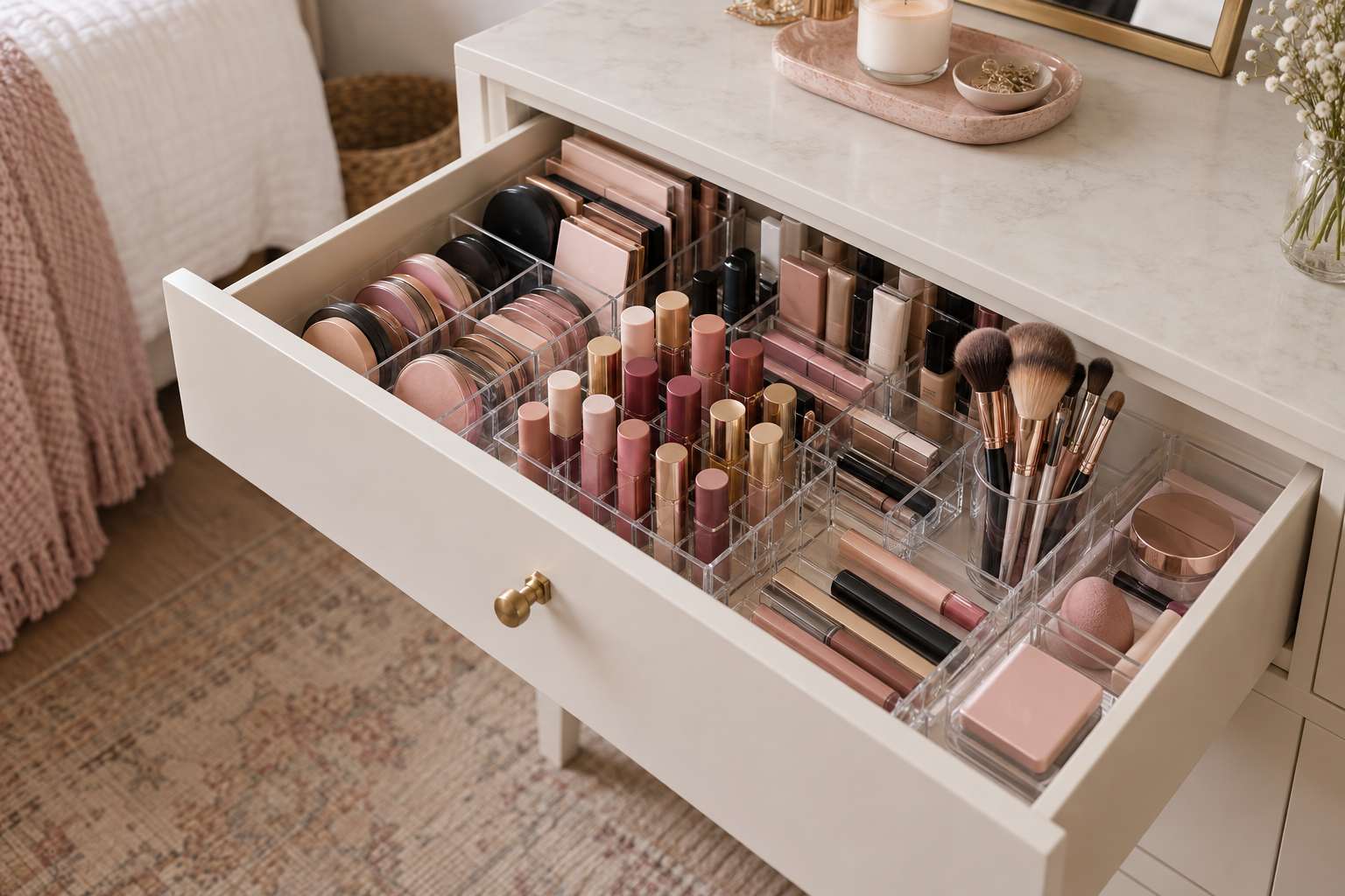 An open bedroom drawer with makeup sorted into clear dividers, brushes upright in a cup and lids closed.