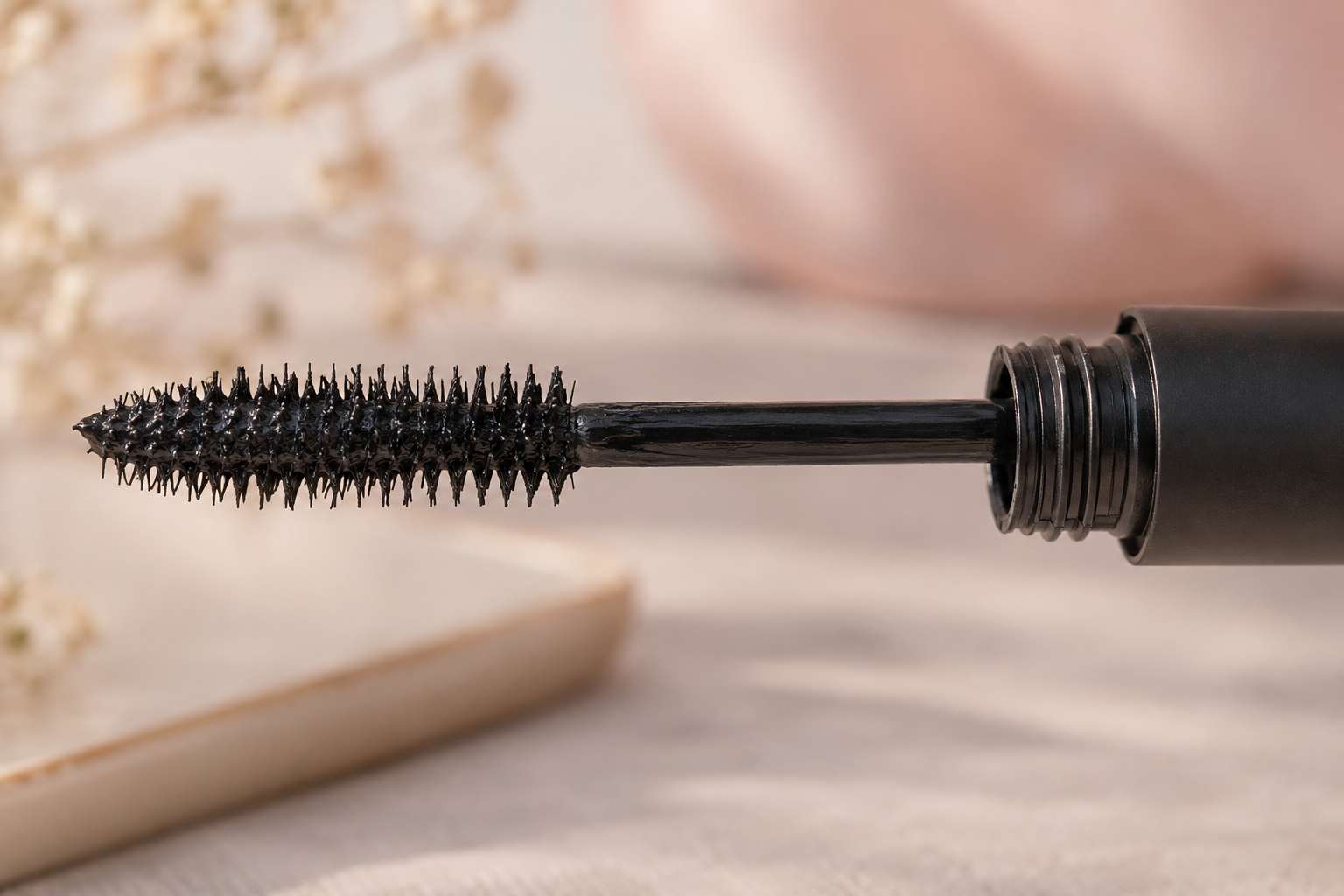A mascara wand coated in black mascara, pulled out of its tube.