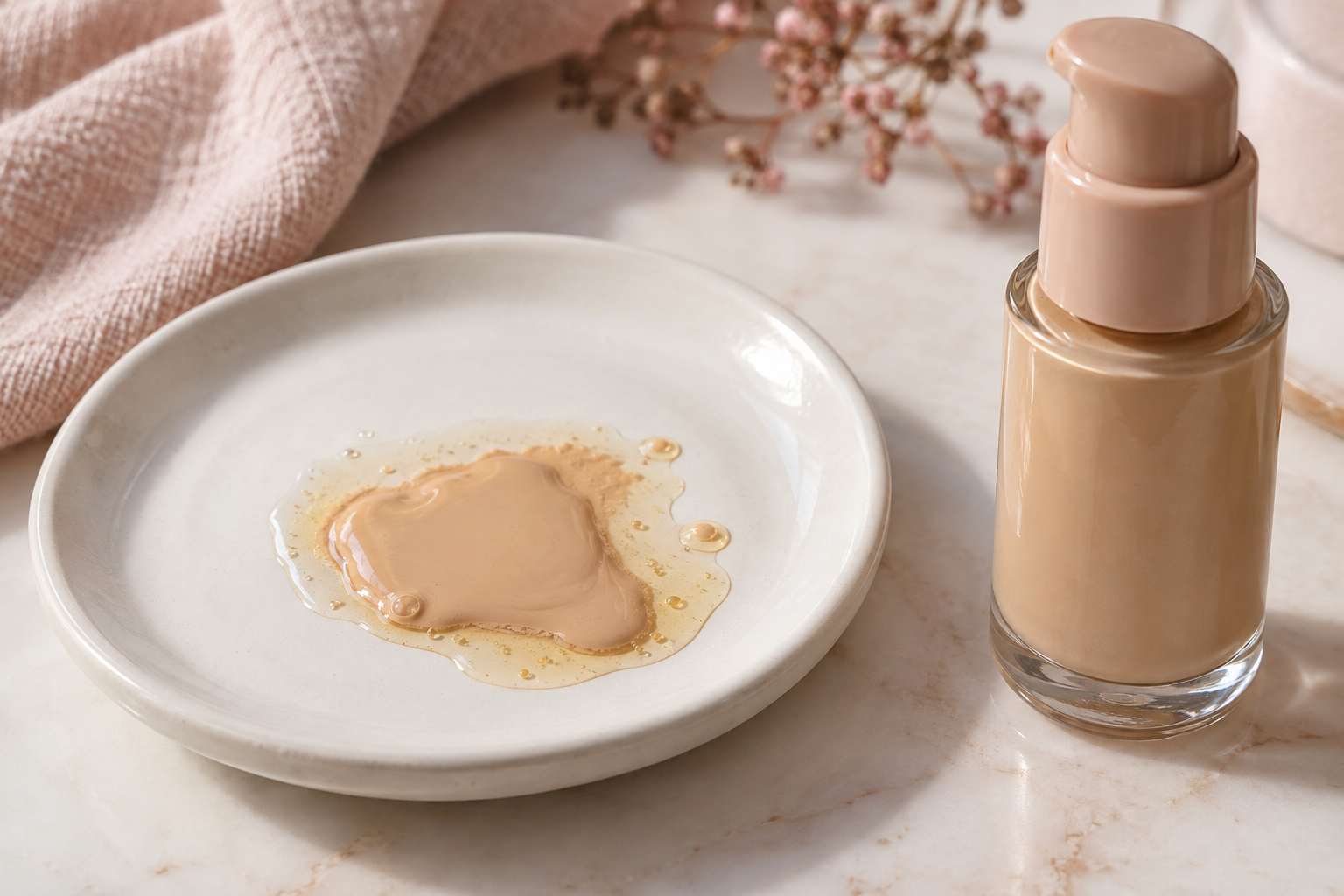 Liquid foundation on a white dish with a clear oily layer separating from the pigment, next to a glass pump bottle.