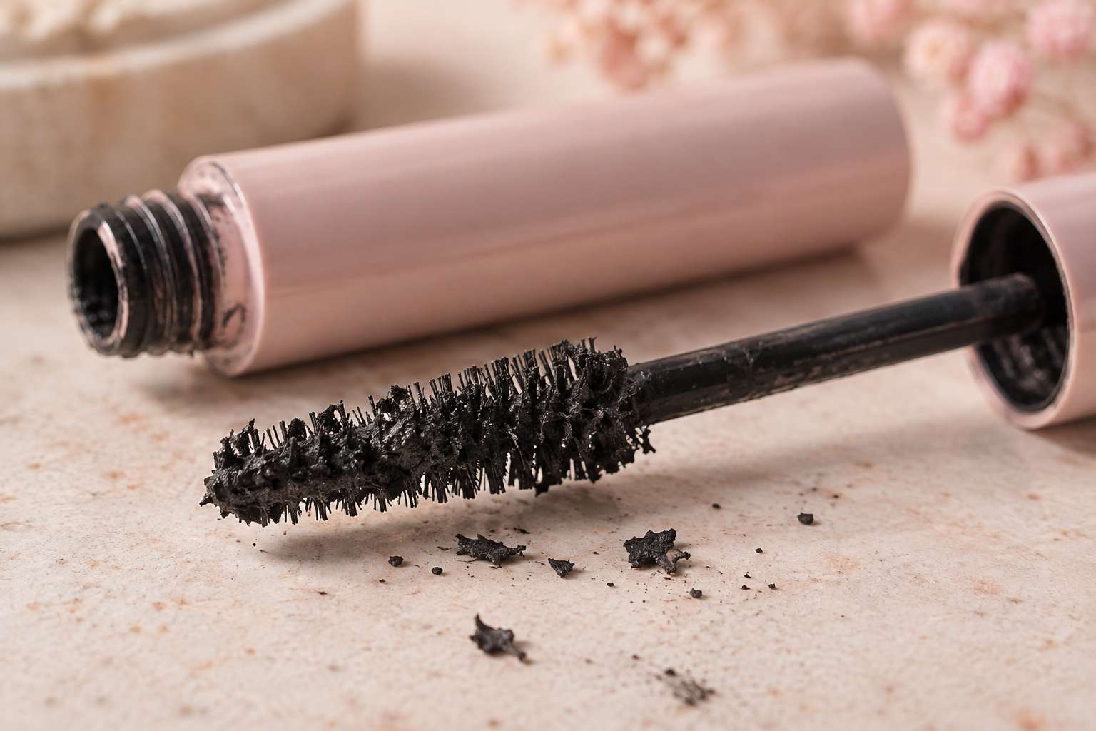 A mascara wand clogged with dry, clumpy mascara, with dried flakes on the surface below.