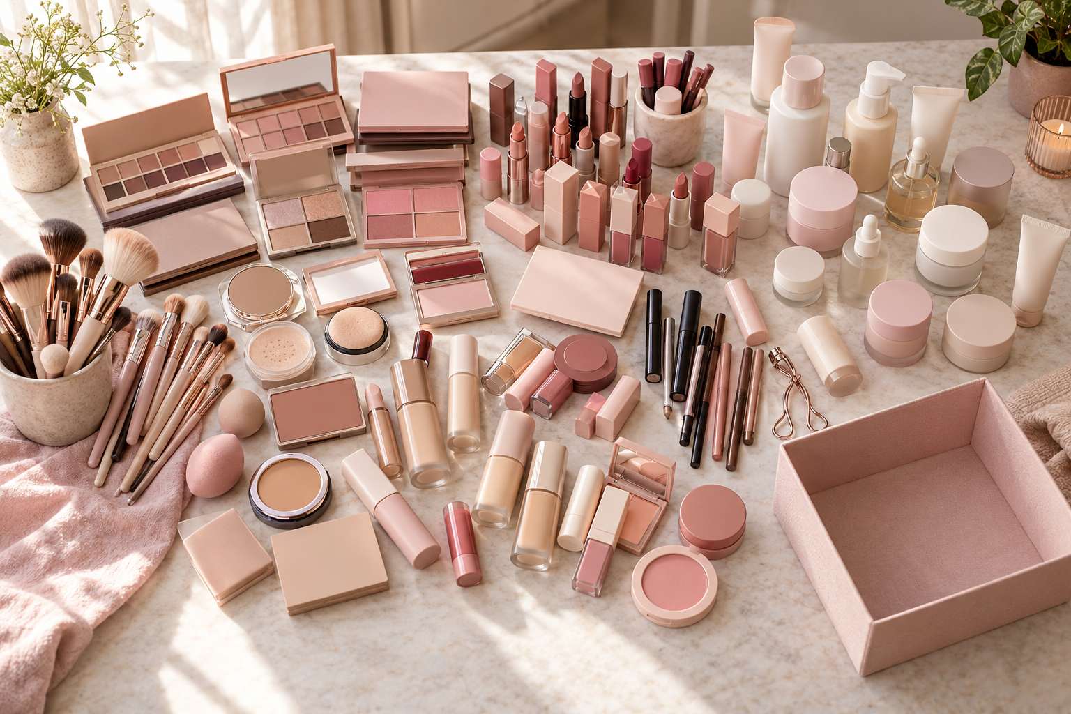 A whole makeup and skincare collection spread out on a table in rough groups, with an empty box to one side.
