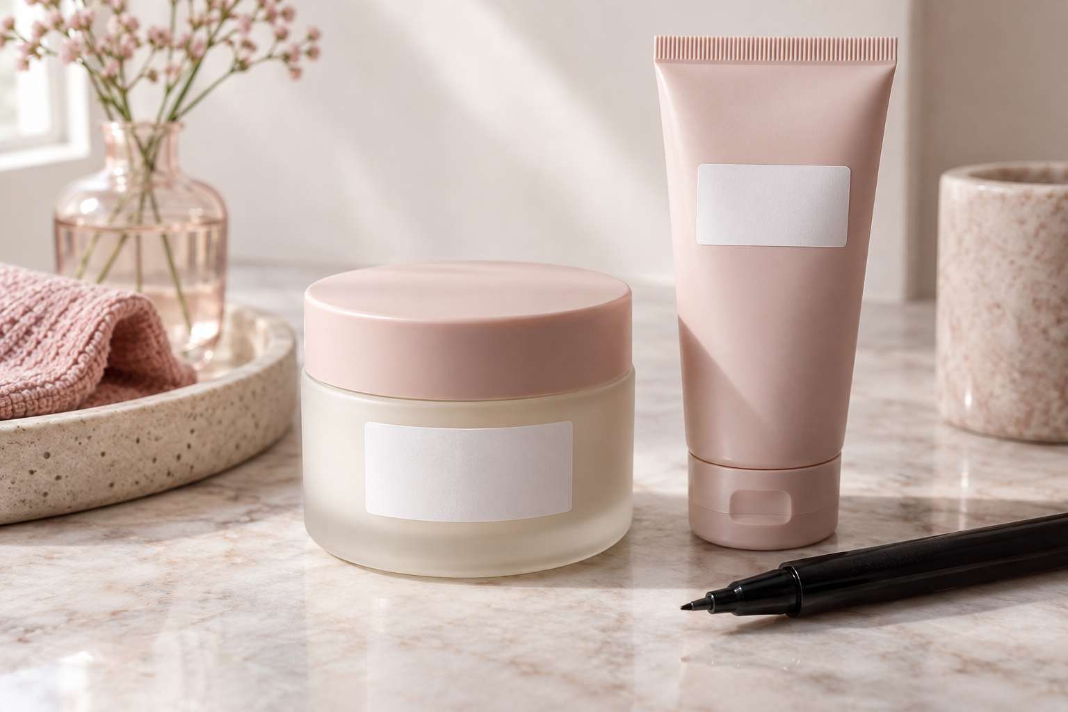 A cream jar and a tube with blank white labels, and a black marker pen beside them.