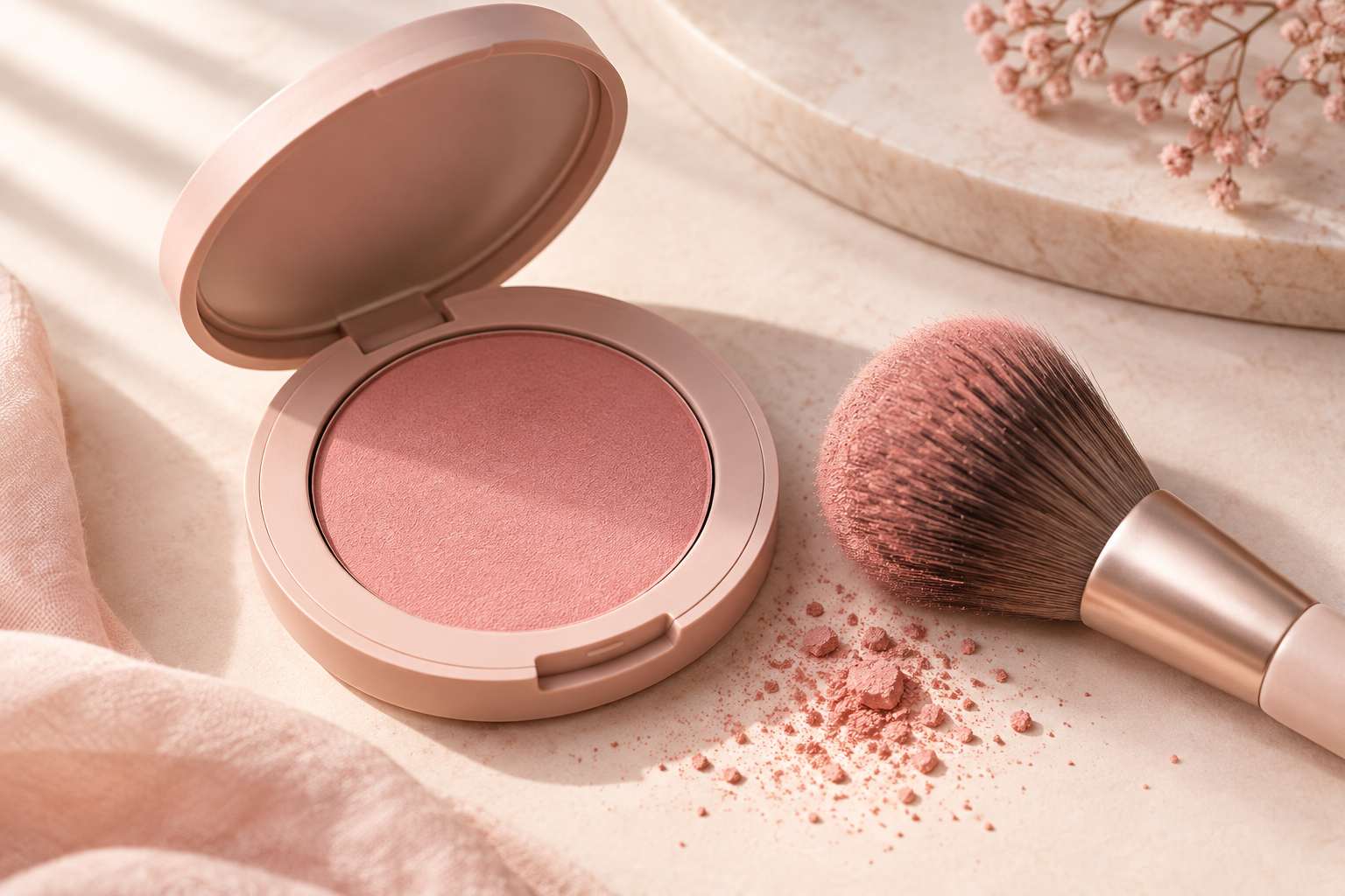An open compact of rose pressed-powder blush with a fluffy brush beside it and loose specks of powder.