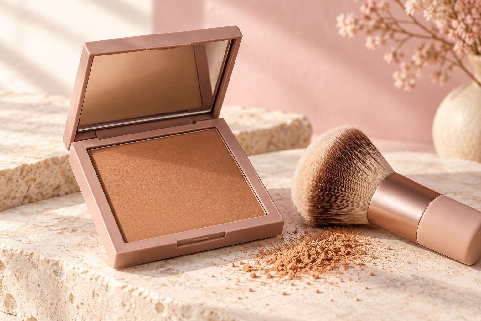 An open square compact of matte tan bronzer with a kabuki brush and a dusting of powder.