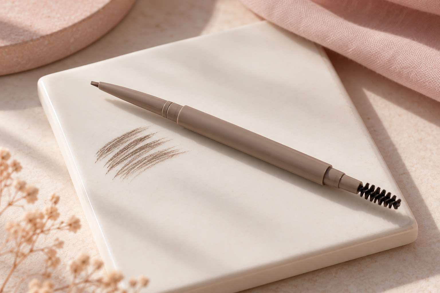 A slim taupe brow pencil with a spoolie end next to short brow strokes on a tile.