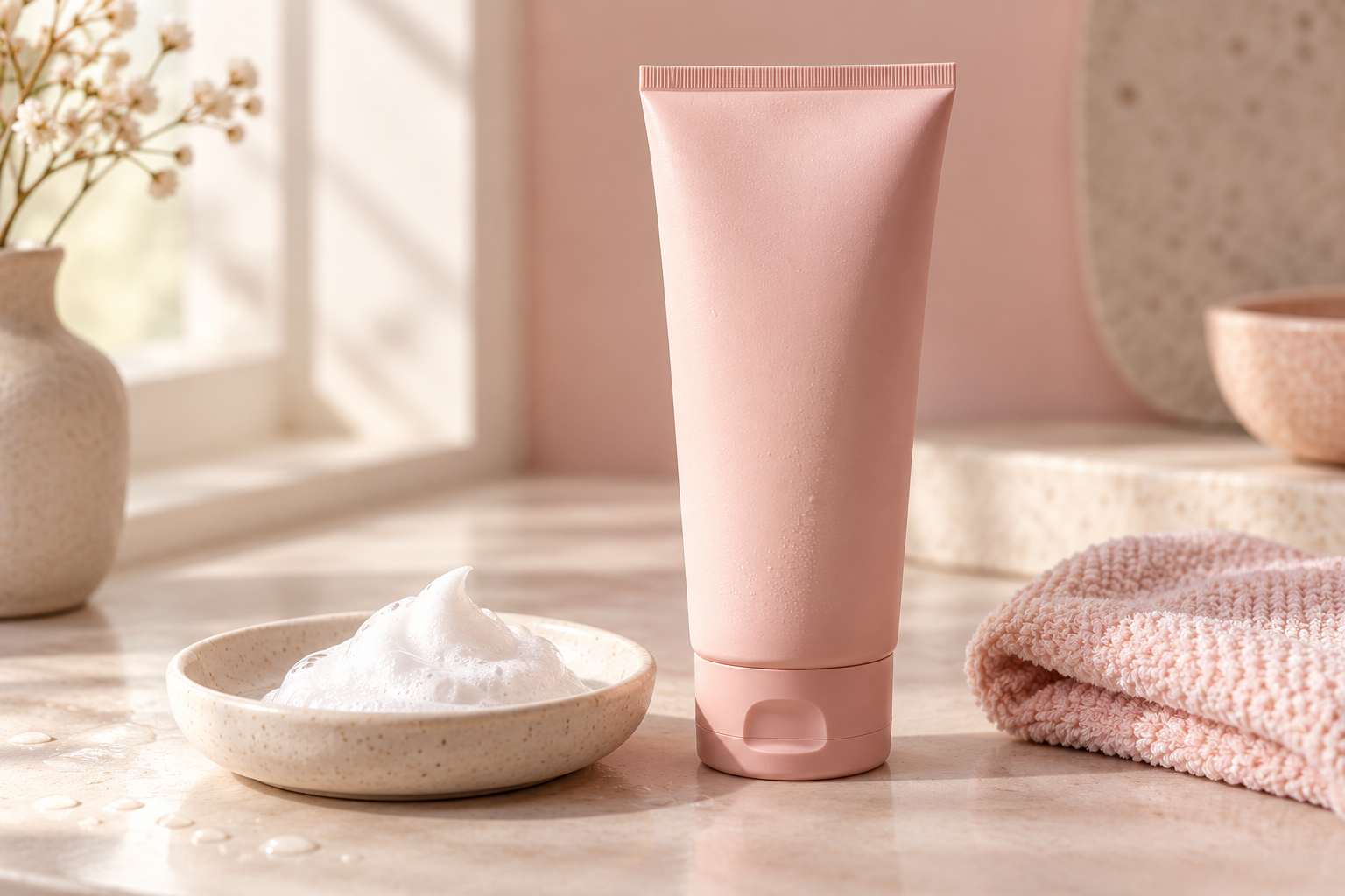 A pink tube of facial cleanser with foamy cleanser on a dish and a folded washcloth.