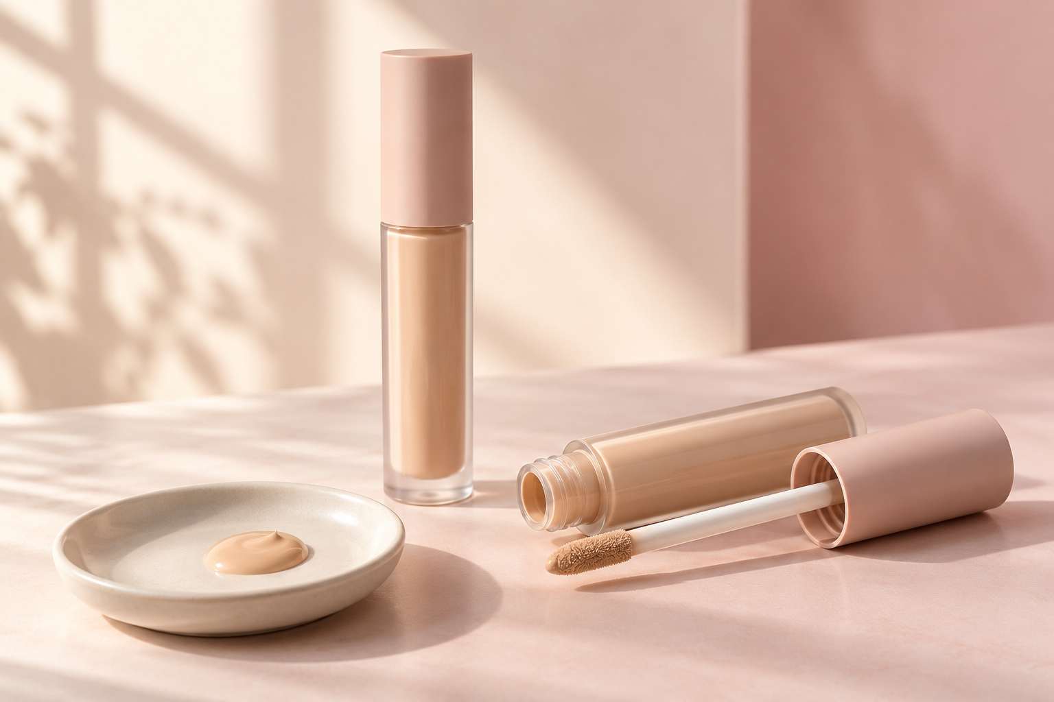 Two liquid concealer tubes, one with the doe-foot wand pulled out, and a dot of concealer on a small dish.
