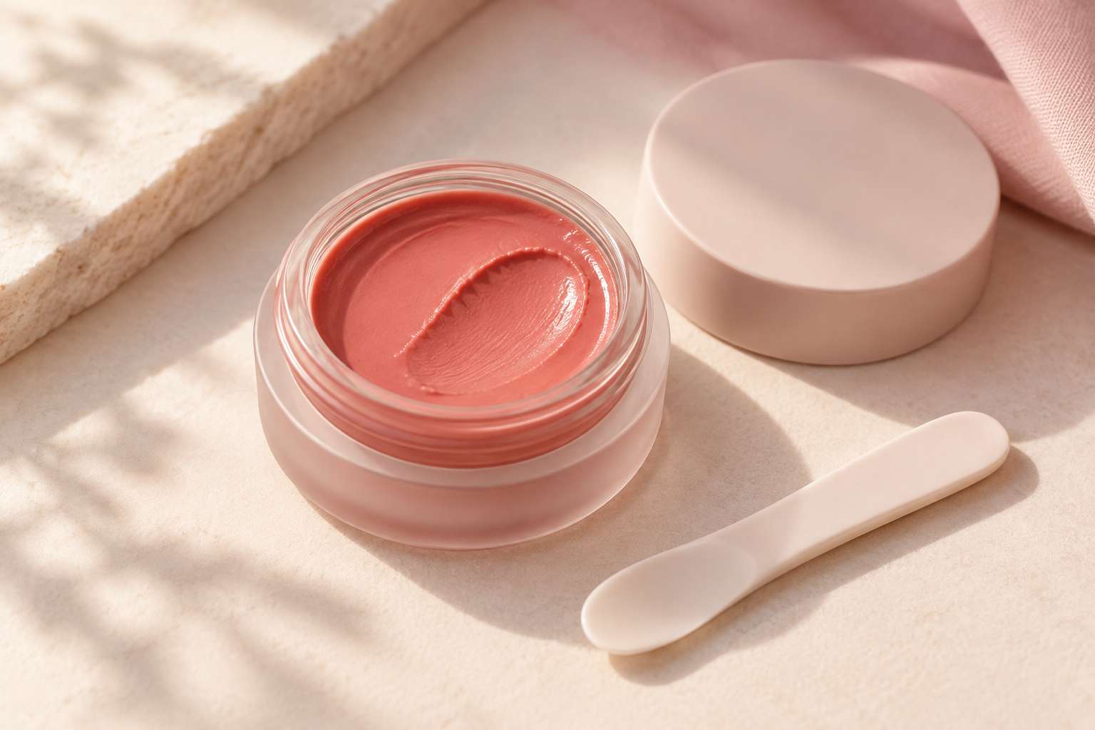 An open pot of coral cream blush with a swipe mark in the product and a small spatula beside it.