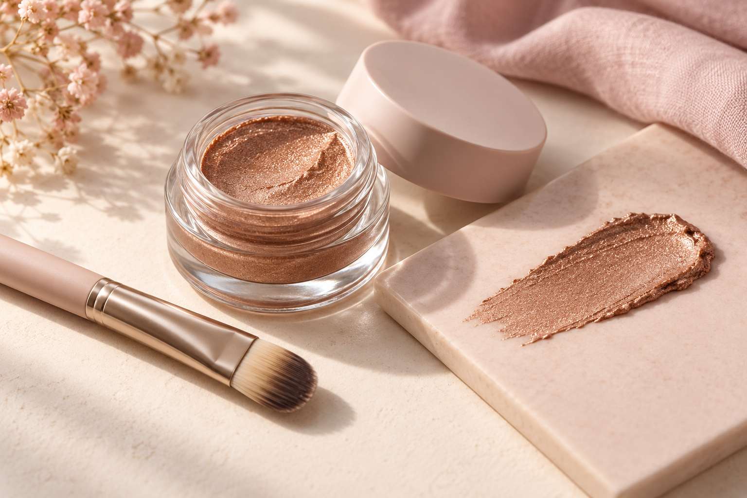 An open glass pot of bronze cream eyeshadow with a flat brush and a swatch on a tile.