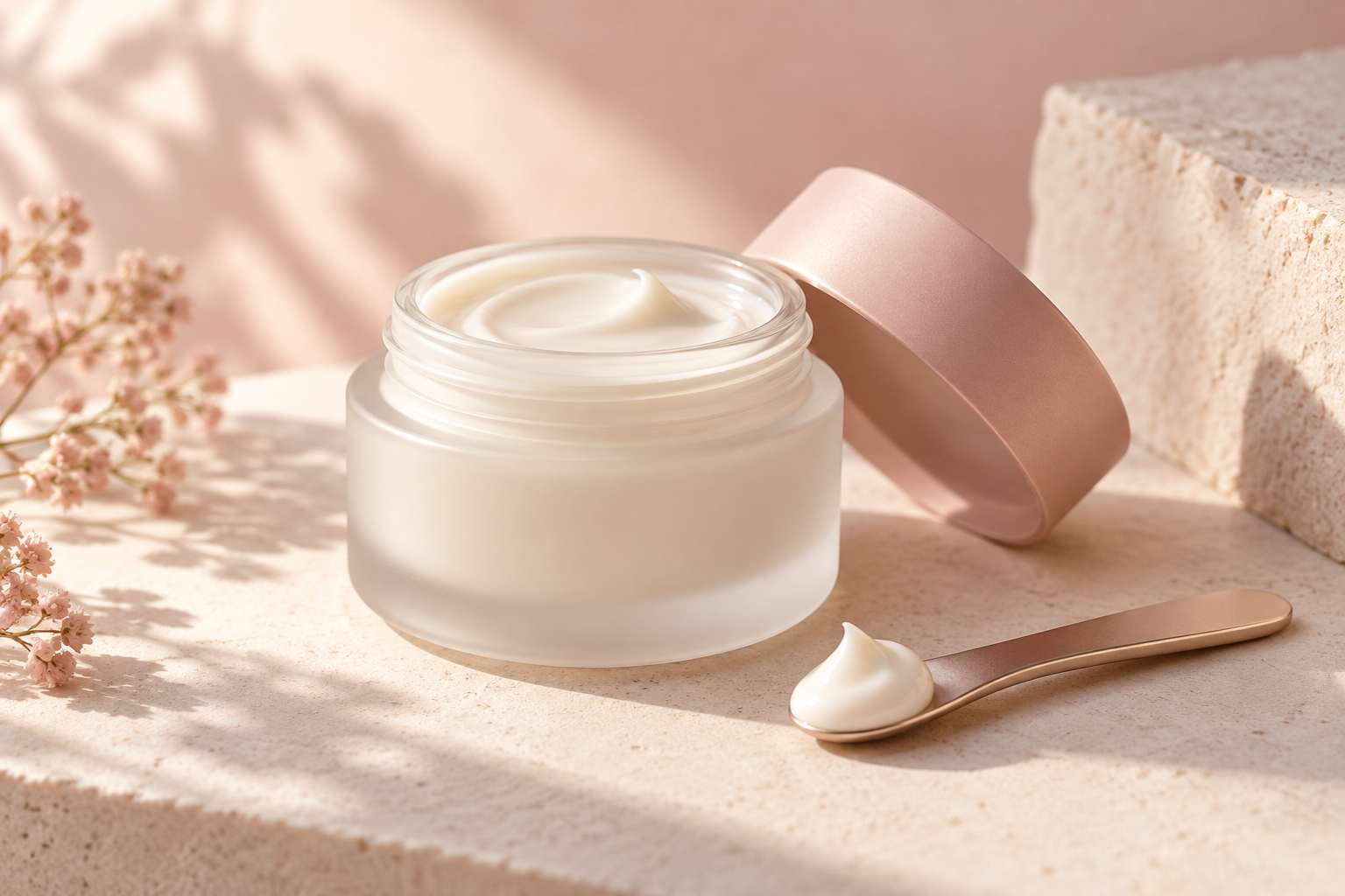 A frosted jar of eye cream with a small metal spatula holding a little cream.