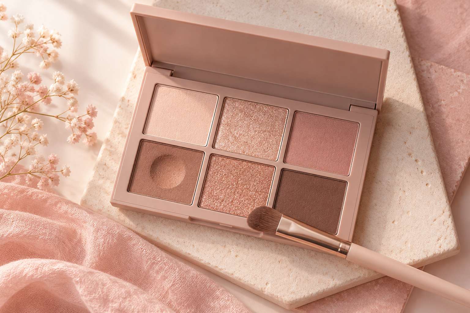 A six-shade eyeshadow palette in browns and pinks, one shade with a dip from use, and a small brush.