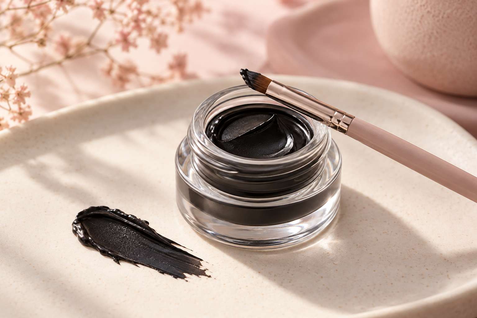 An open glass pot of black gel eyeliner with a thin angled brush and a smudge of gel.