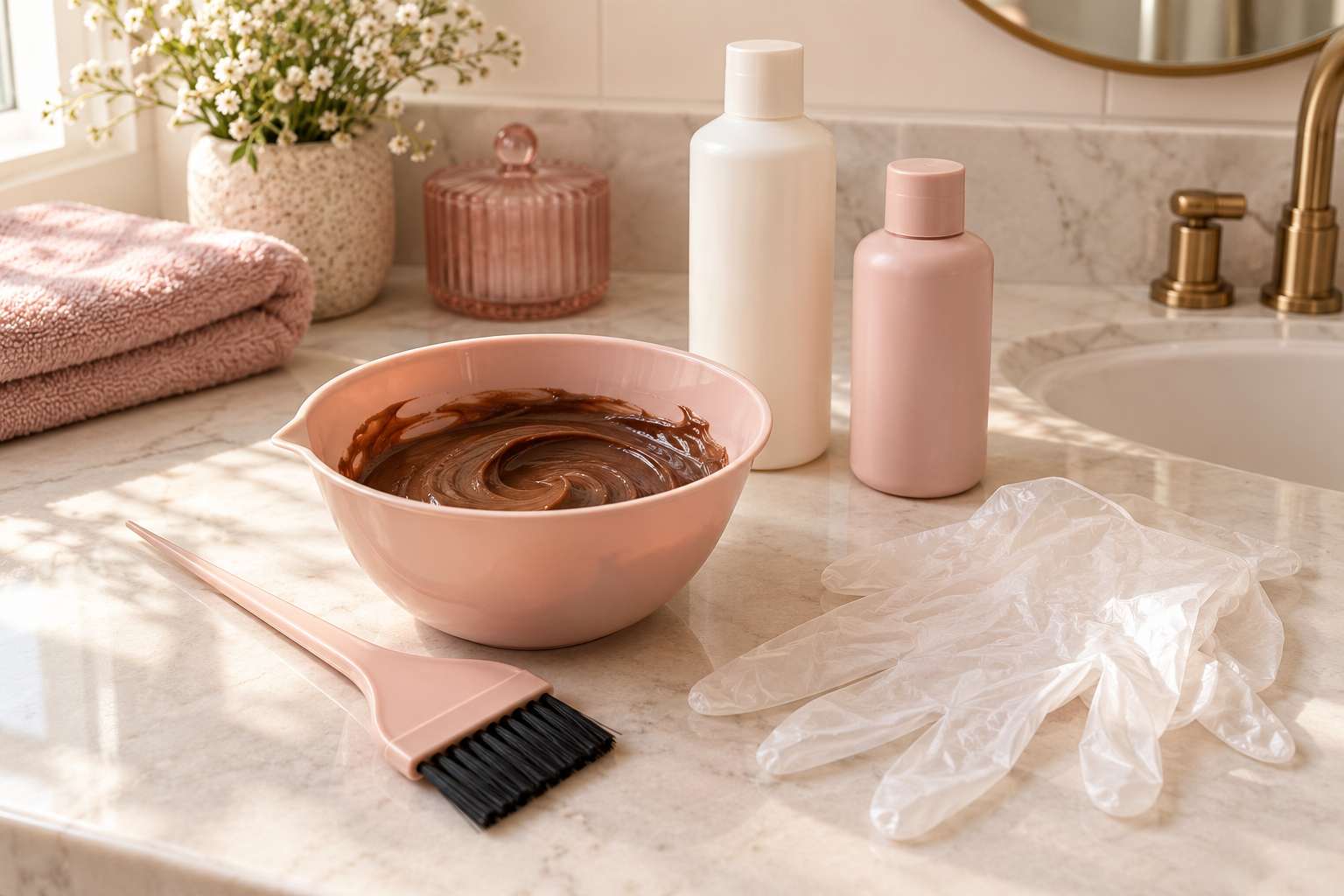 A home hair color kit on a bathroom counter: a bowl of brown dye mixture, a tint brush, gloves and plain bottles.