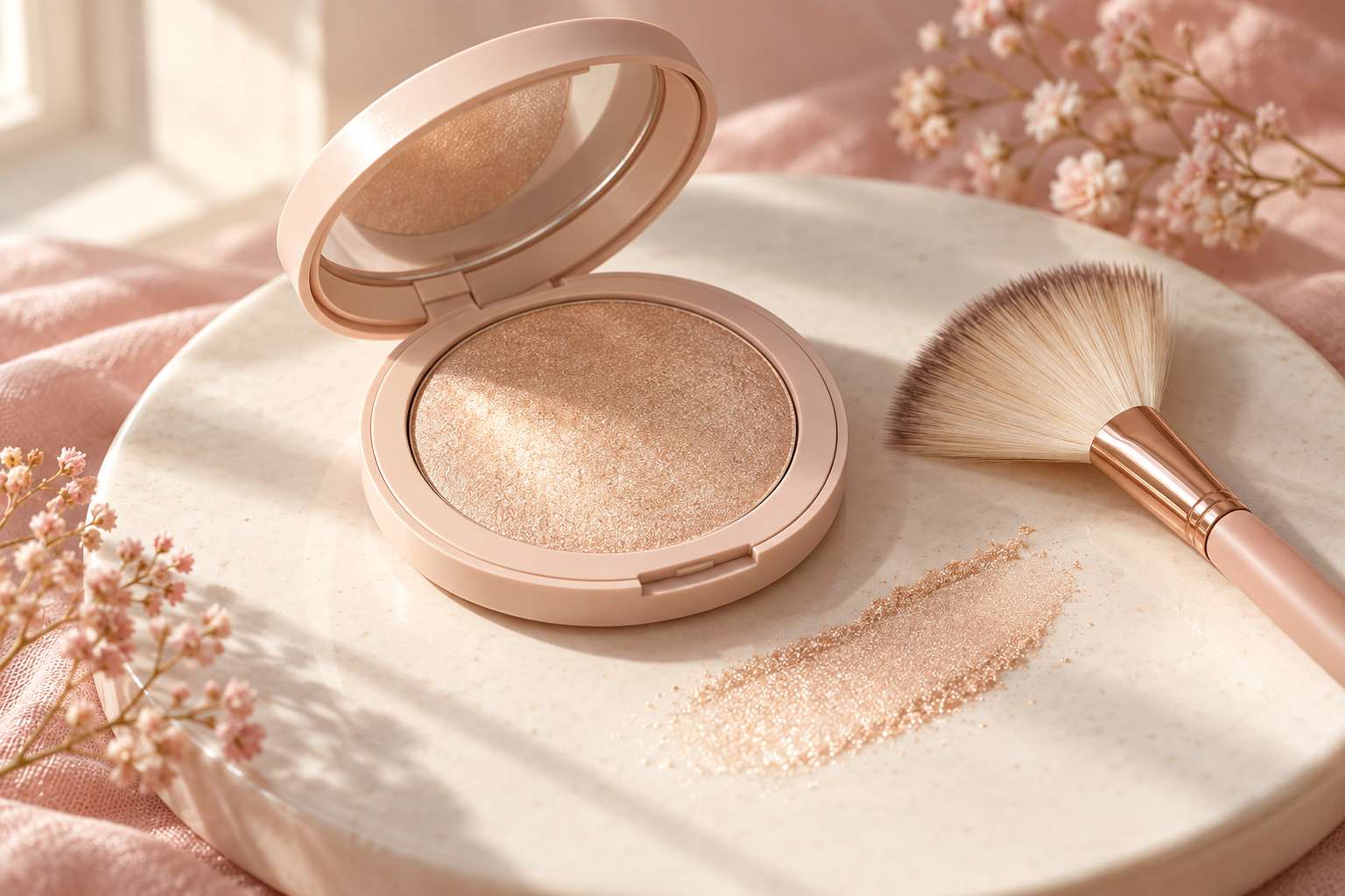 An open compact of champagne shimmer highlighter with a fan brush and a swatch beside it.