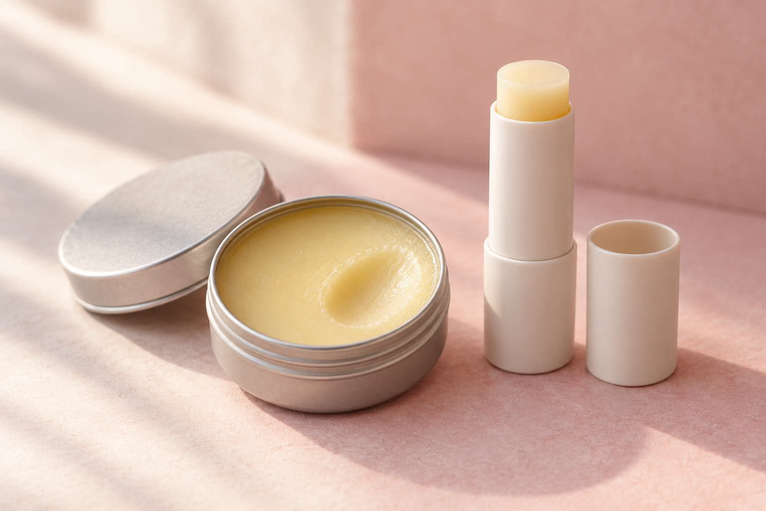 An open tin of lip balm with a fingertip mark next to a lip balm stick.