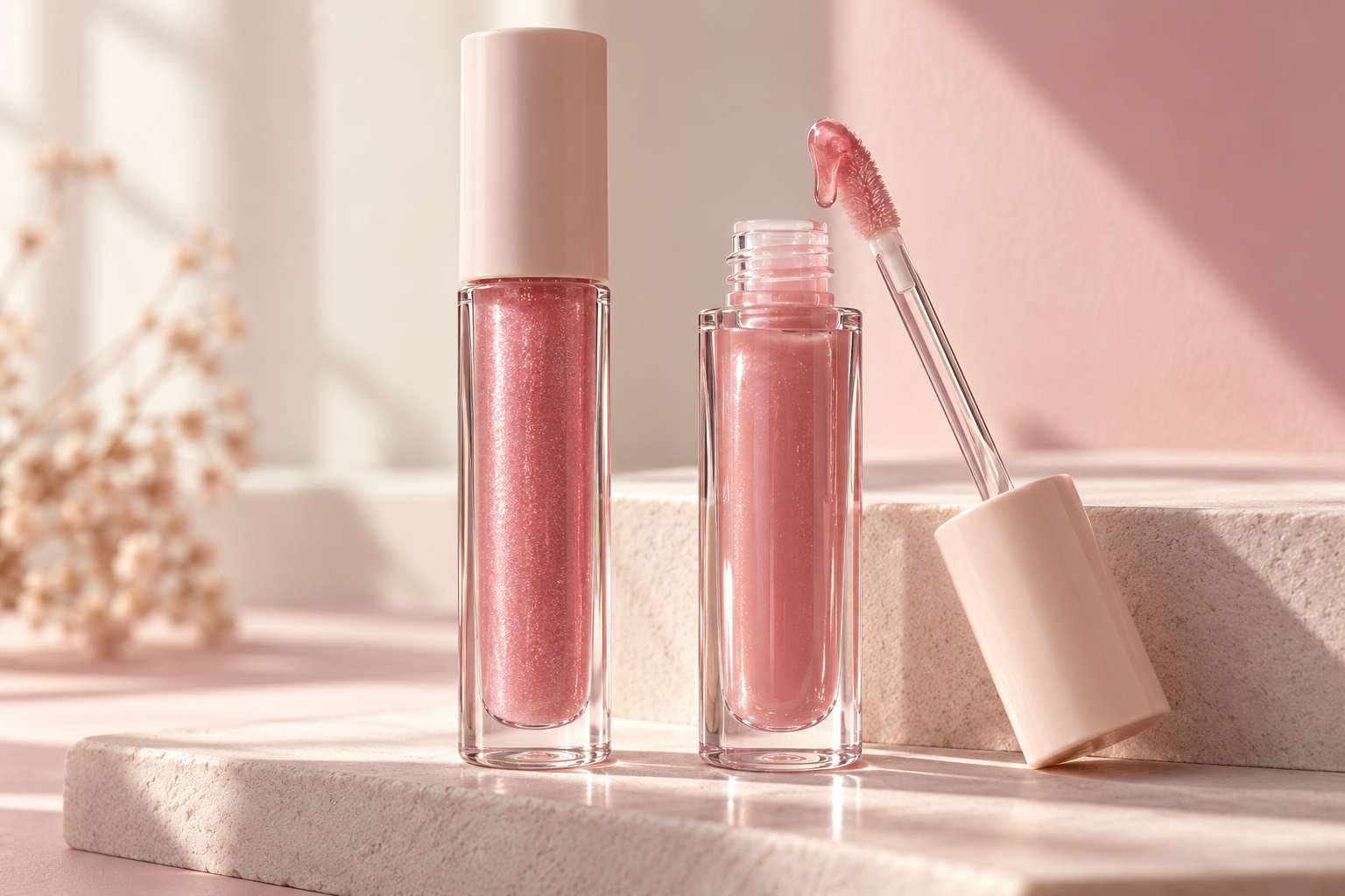 Two clear tubes of pink lip gloss, one with the applicator pulled out.