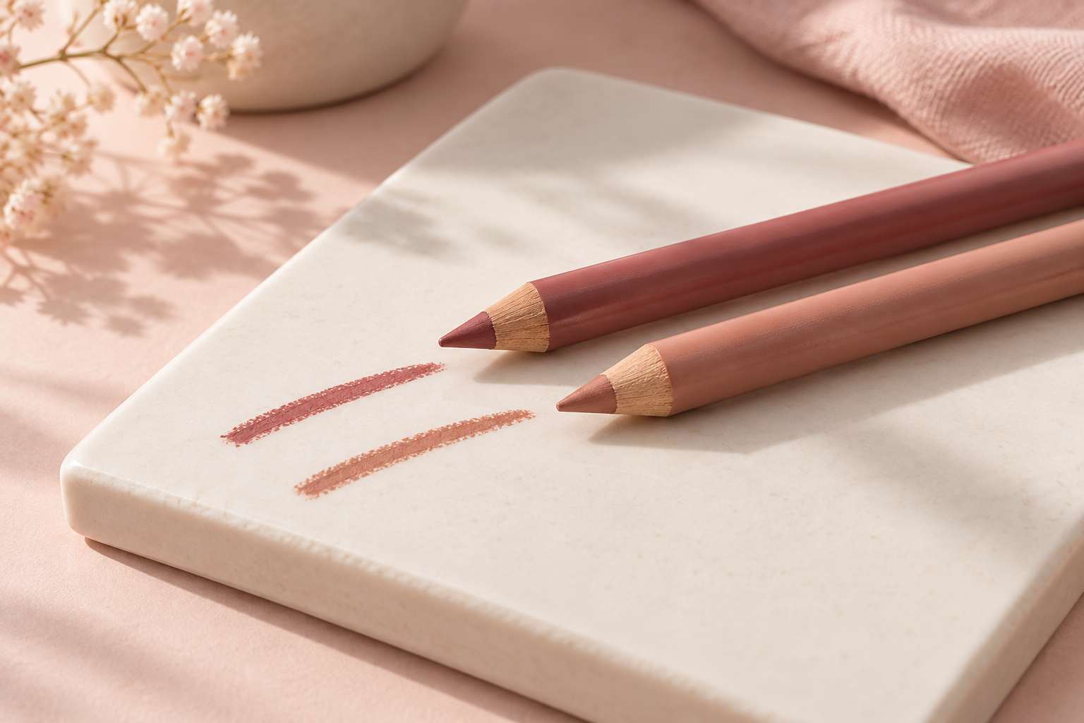 Rose and nude lip liner pencils with a line of each shade drawn on a tile.