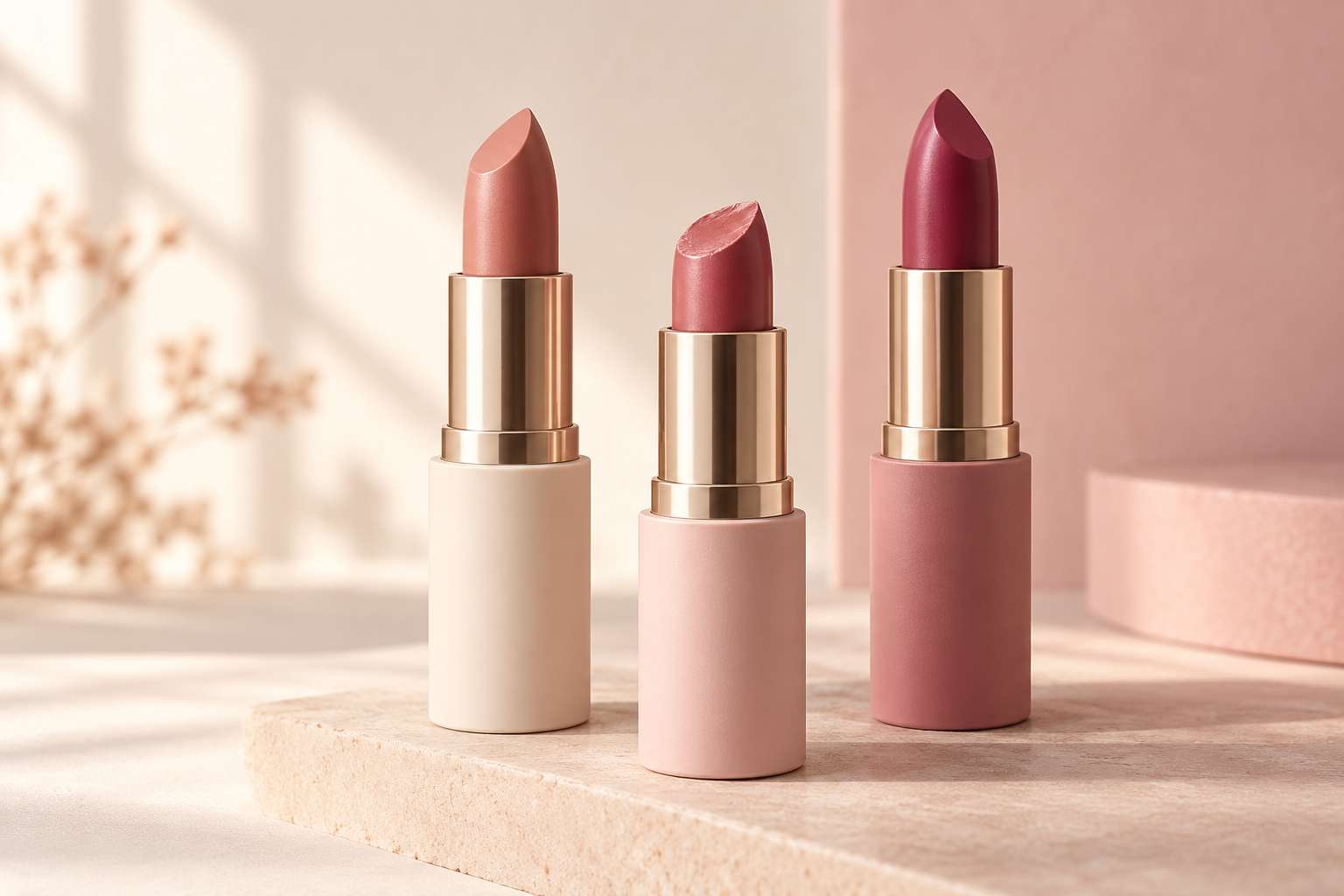 Three lipsticks in nude, rose and berry, caps off, standing upright.