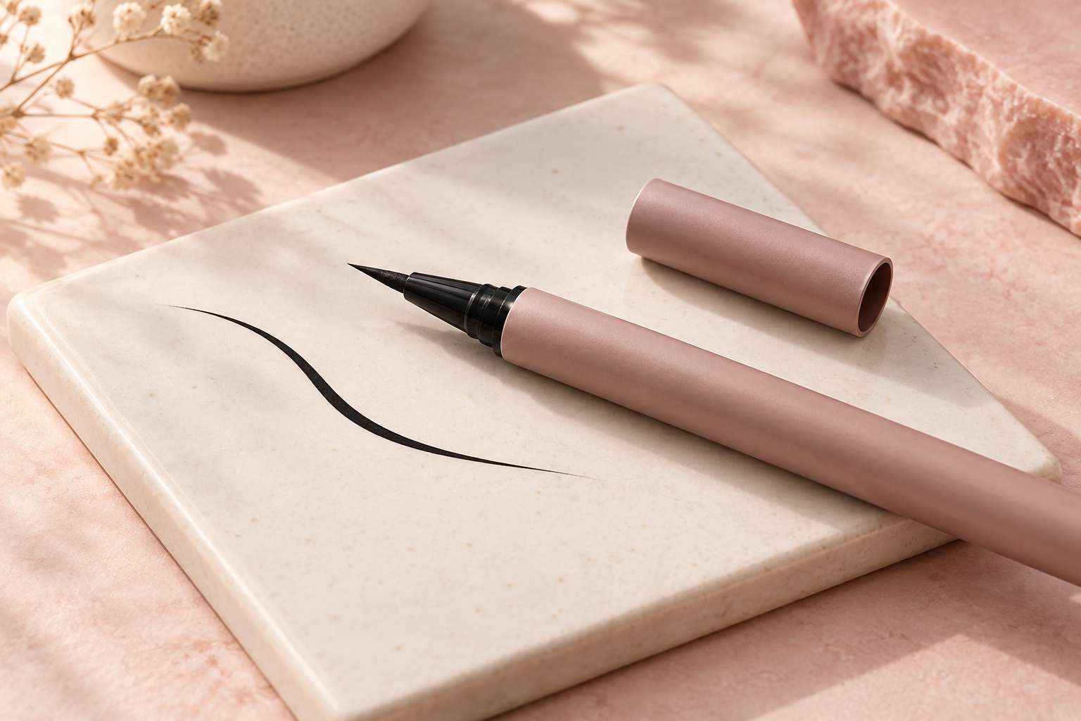 A felt-tip liquid eyeliner pen with a black winged line drawn on a white tile.