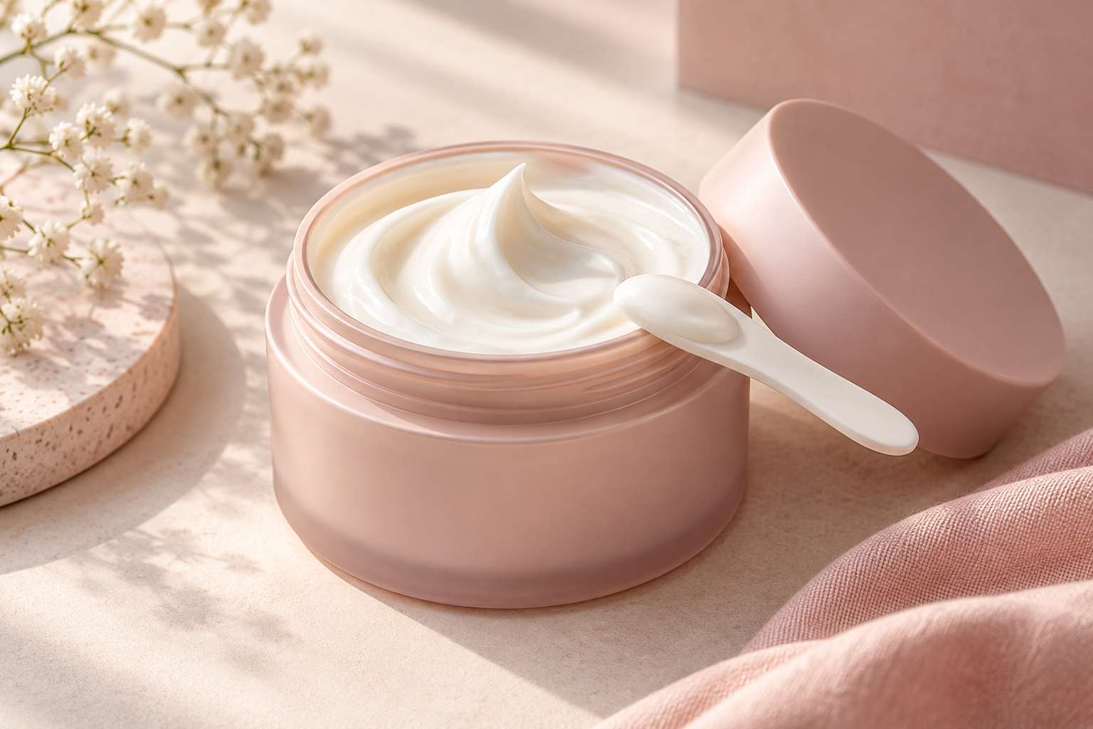 An open jar of rich white face moisturizer with a small spatula.