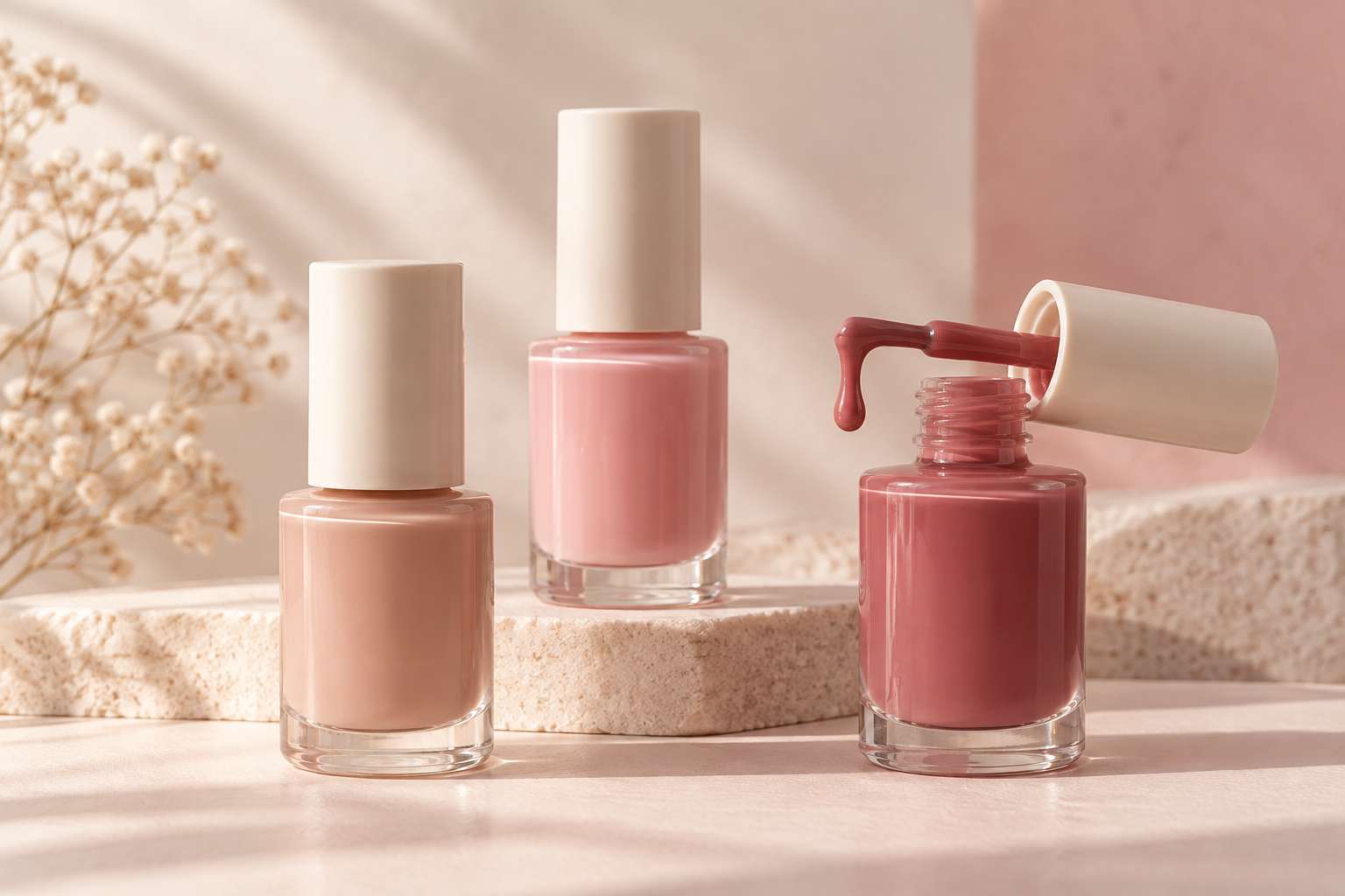 Three bottles of nail polish in nude, pink and rose, one open with polish dripping from the brush.