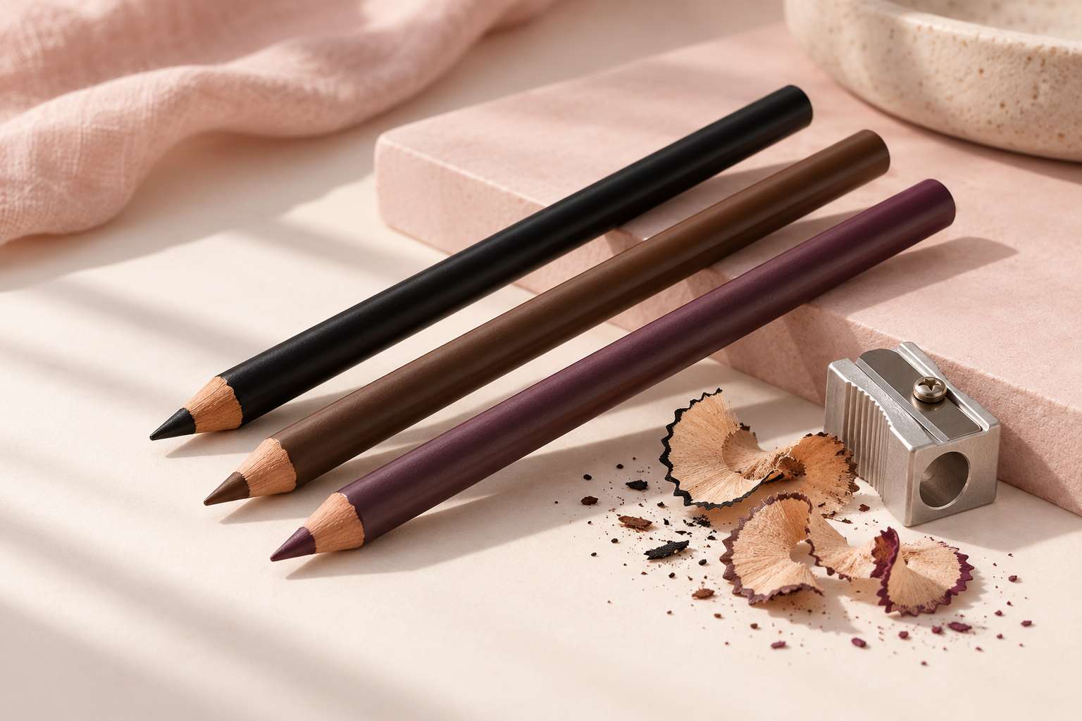 Black, brown and plum eyeliner pencils, freshly sharpened, with shavings and a sharpener.