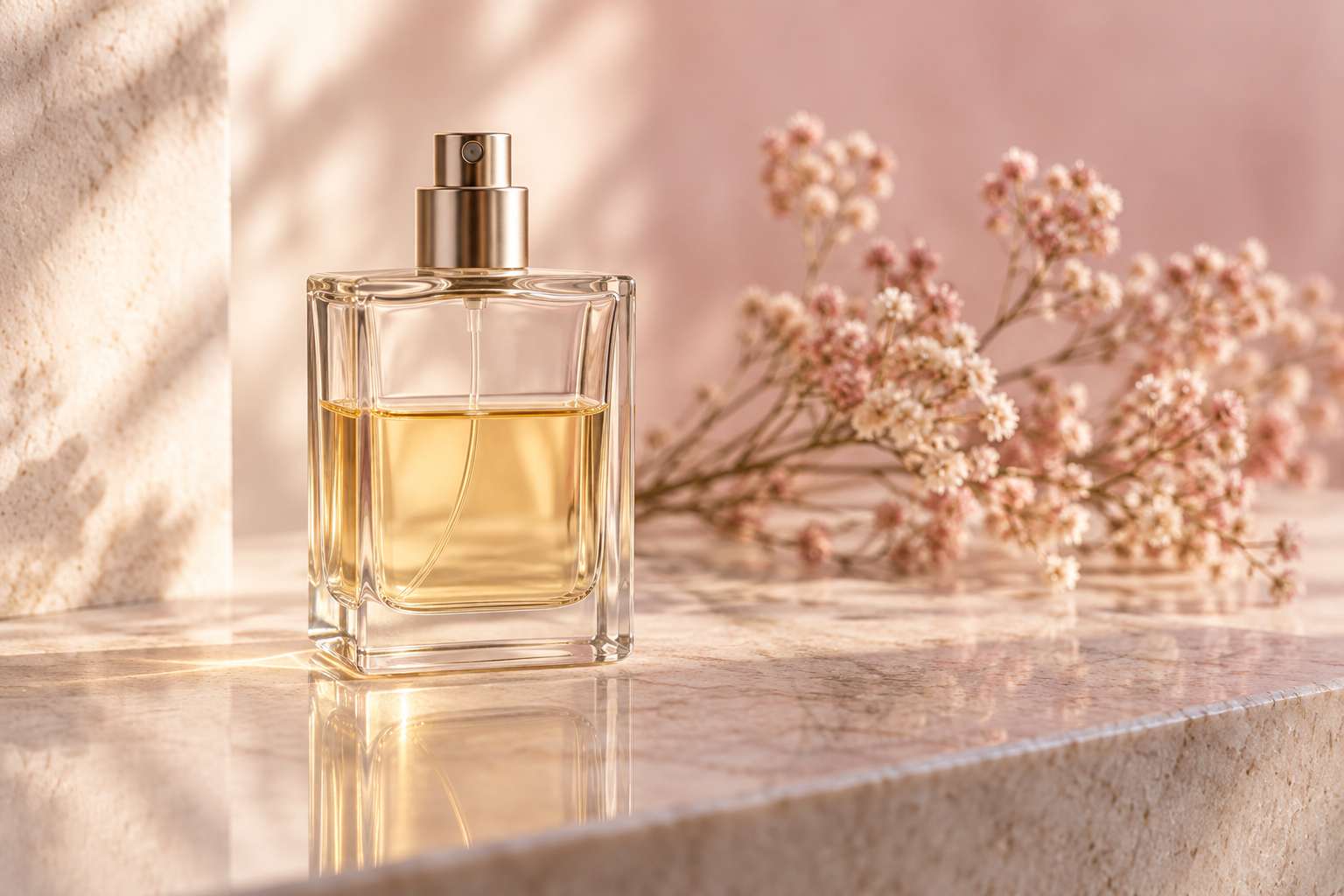 A clear rectangular perfume bottle, half full of pale golden liquid, on a stone surface.