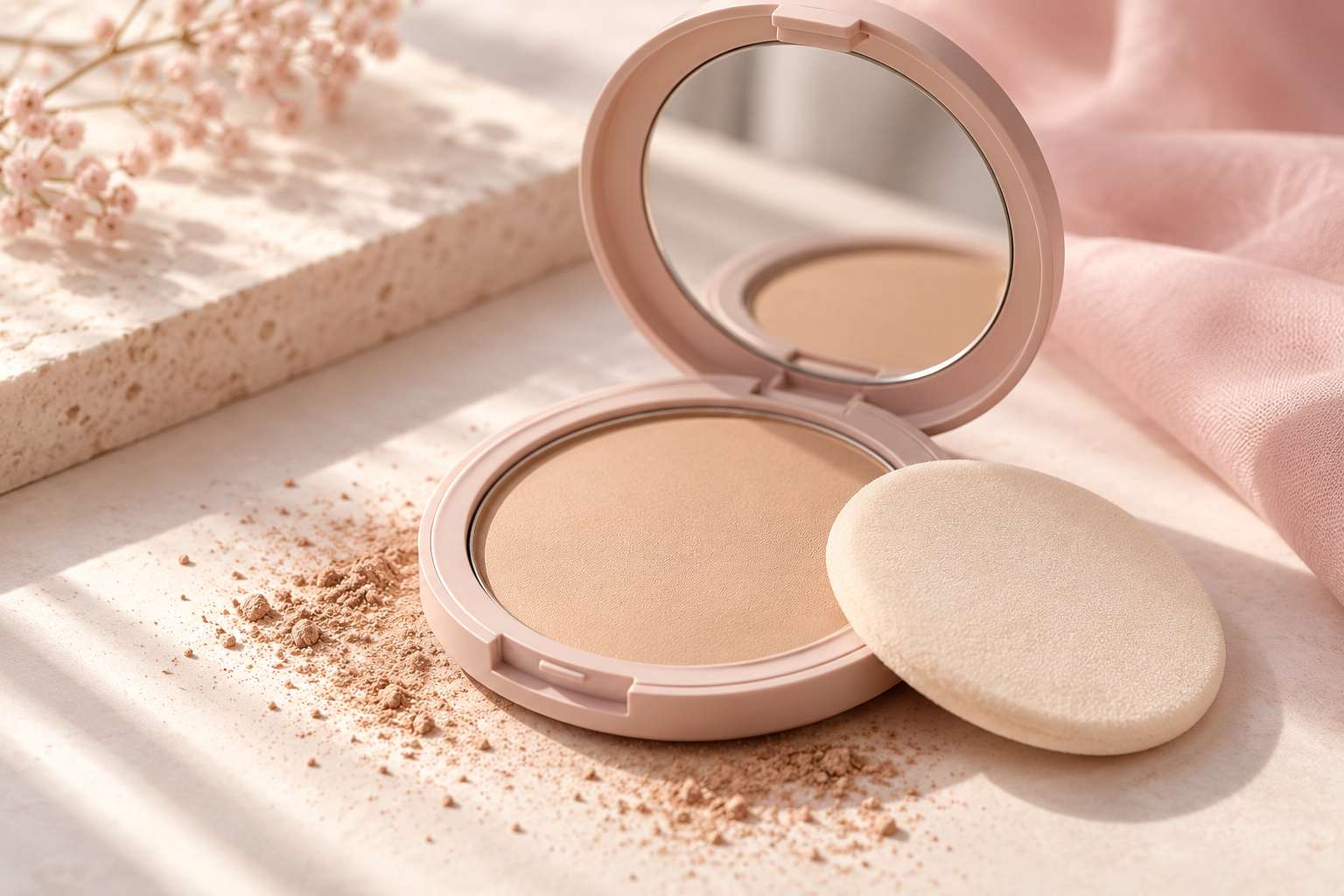 An open pressed-powder foundation compact with a mirror in the lid and a sponge puff.