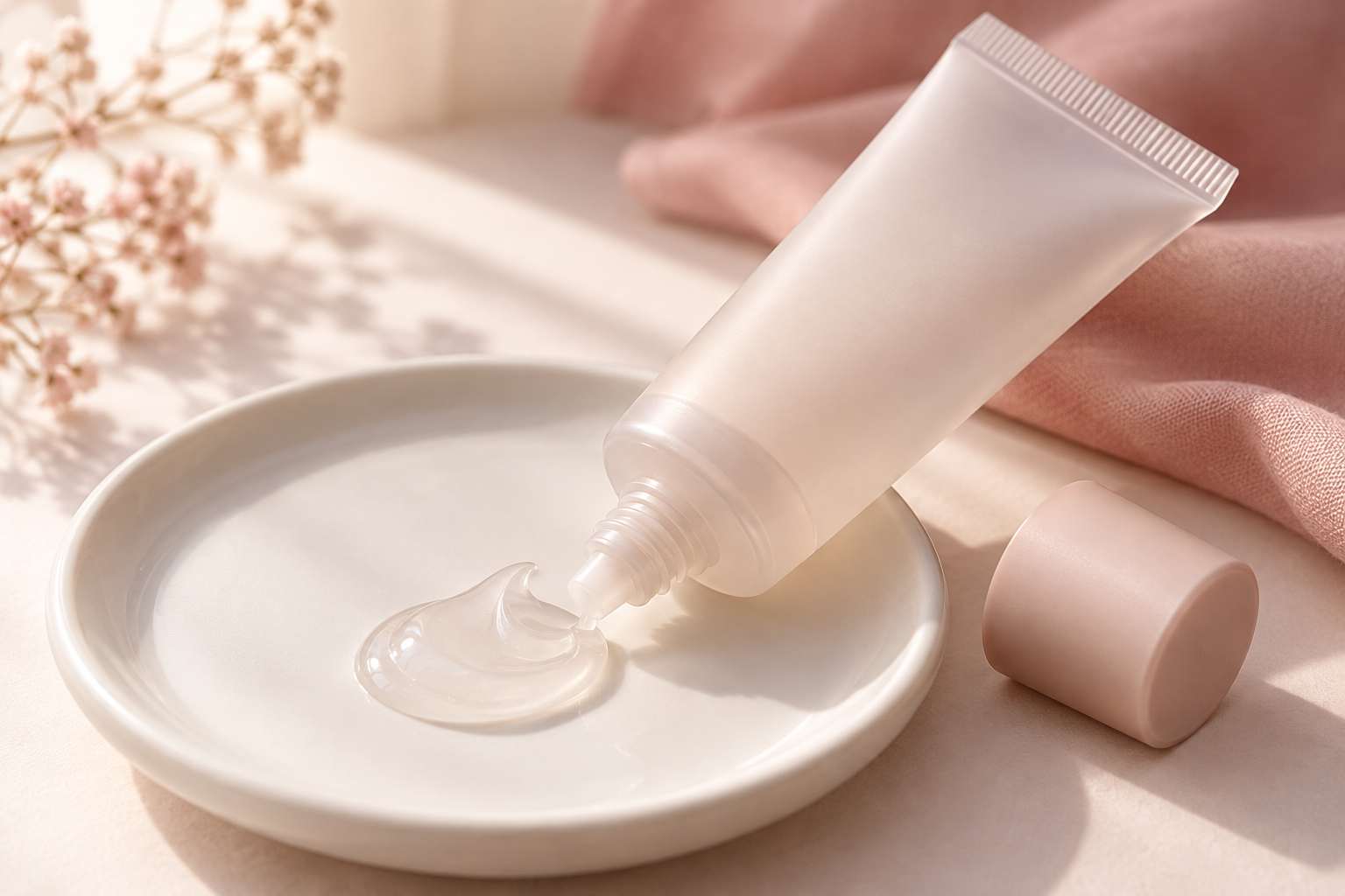 A frosted tube of face primer with a clear, silky blob of primer on a white dish.