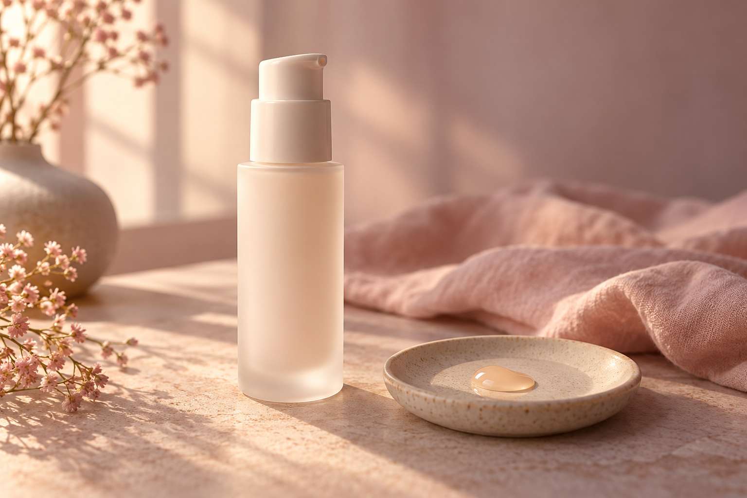 A frosted pump bottle of night serum with a drop of serum on a ceramic dish.