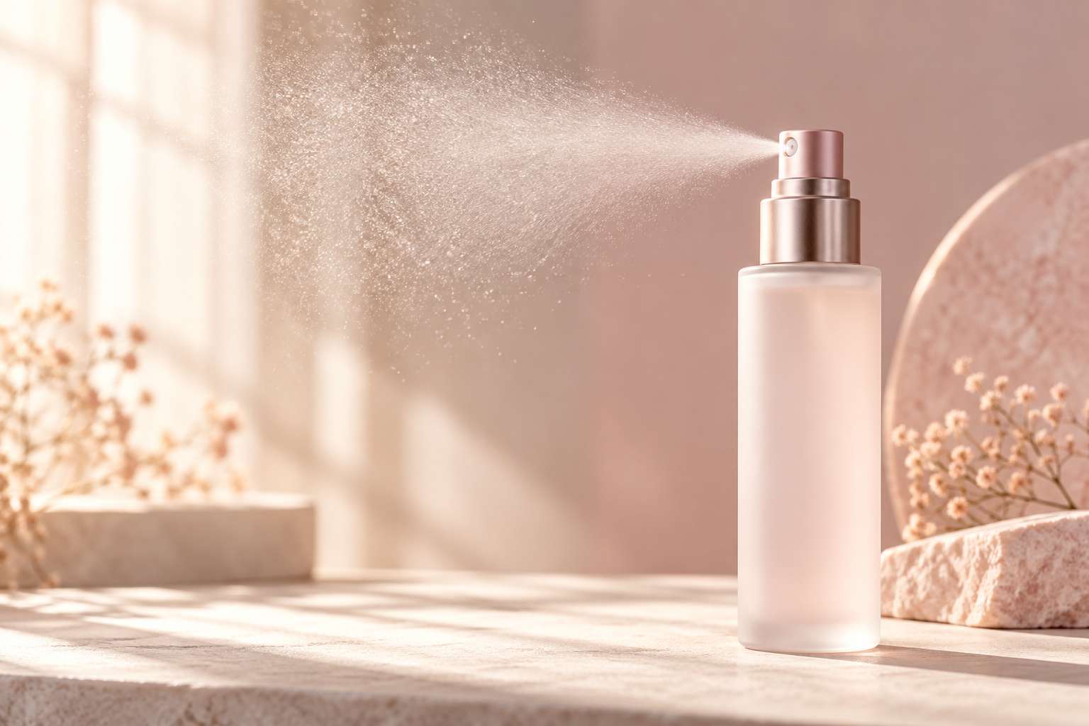A frosted bottle of setting spray releasing a fine mist into the light.
