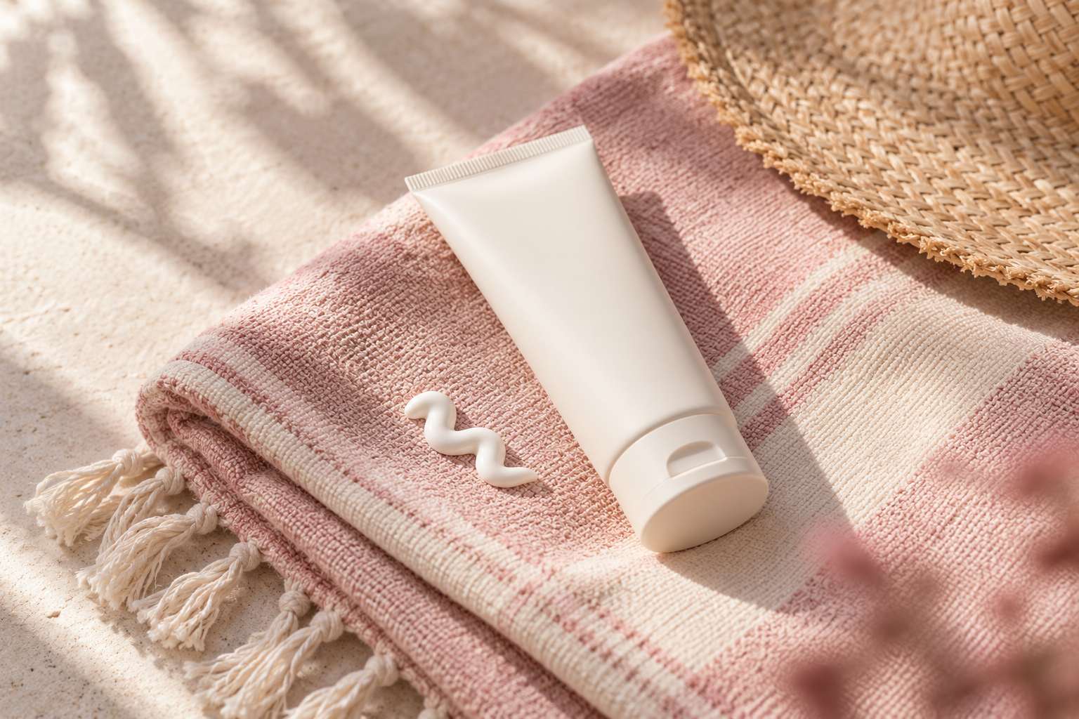A tube of sunscreen on a striped towel in the shade, with a line of sunscreen squeezed out.