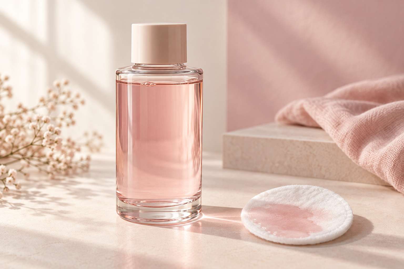 A clear bottle of pale pink toner next to a cotton pad soaked with toner.