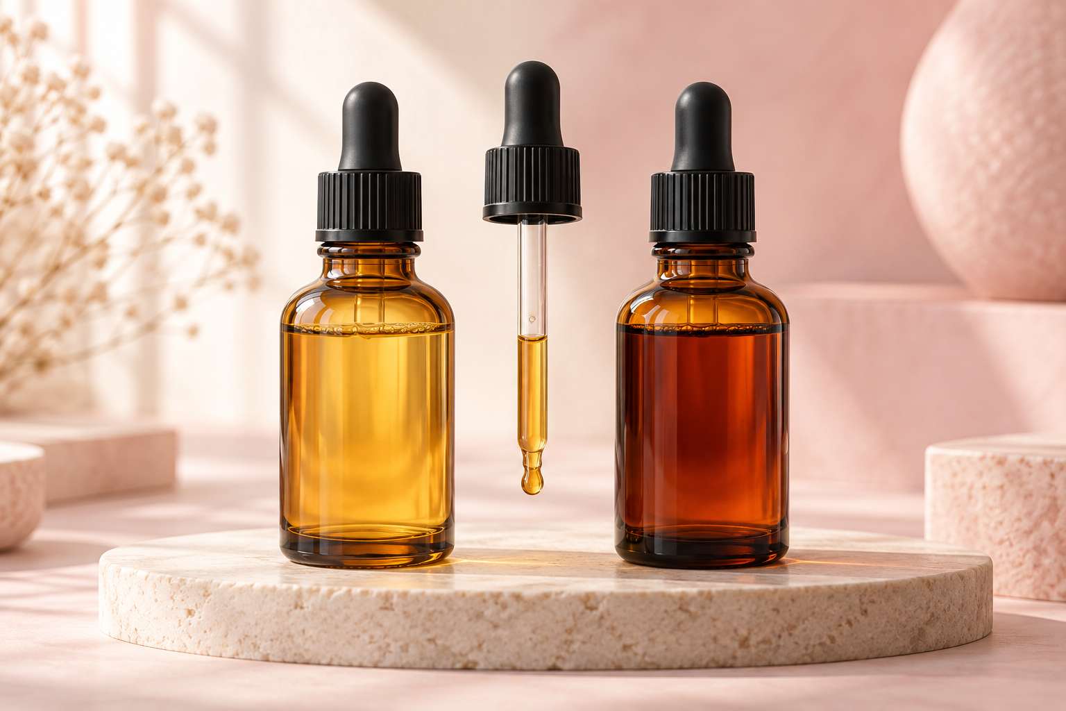 Two amber dropper bottles of serum, one pale golden and one darker orange-brown, with a dropper between them.