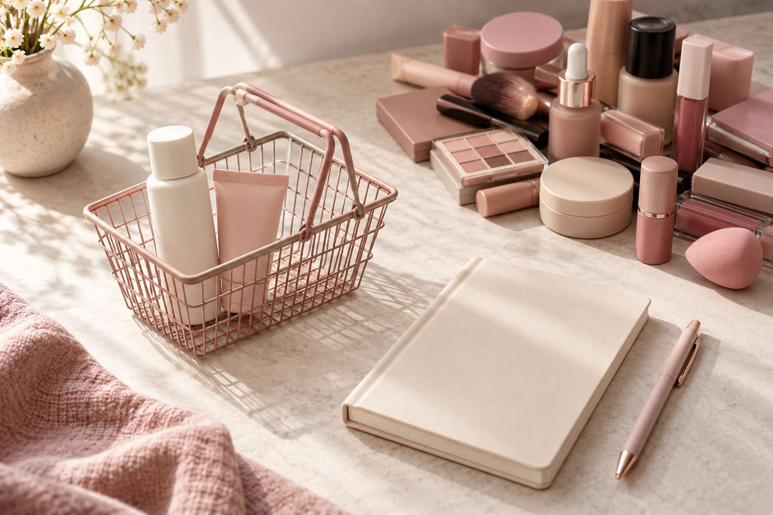 A small shopping basket holding just two products, beside a notebook and pen and a larger pile of makeup left out of the basket.